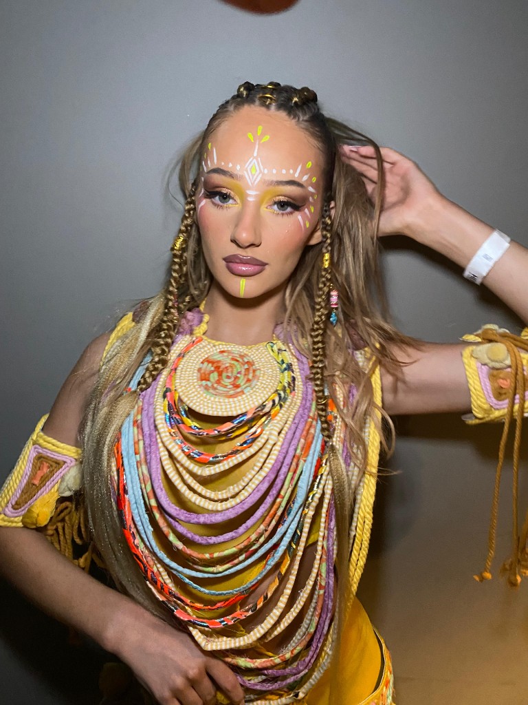 Yellow pigment, braids and layered textile jewellery