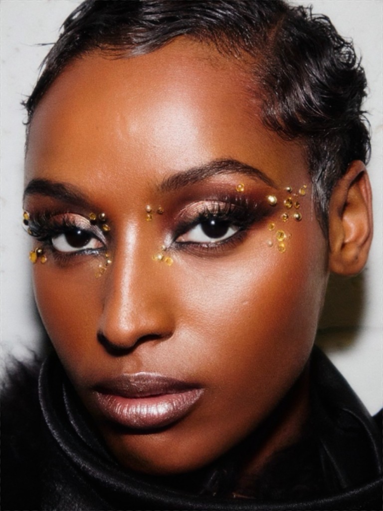 Beauty close-up with gold crystals along the eye